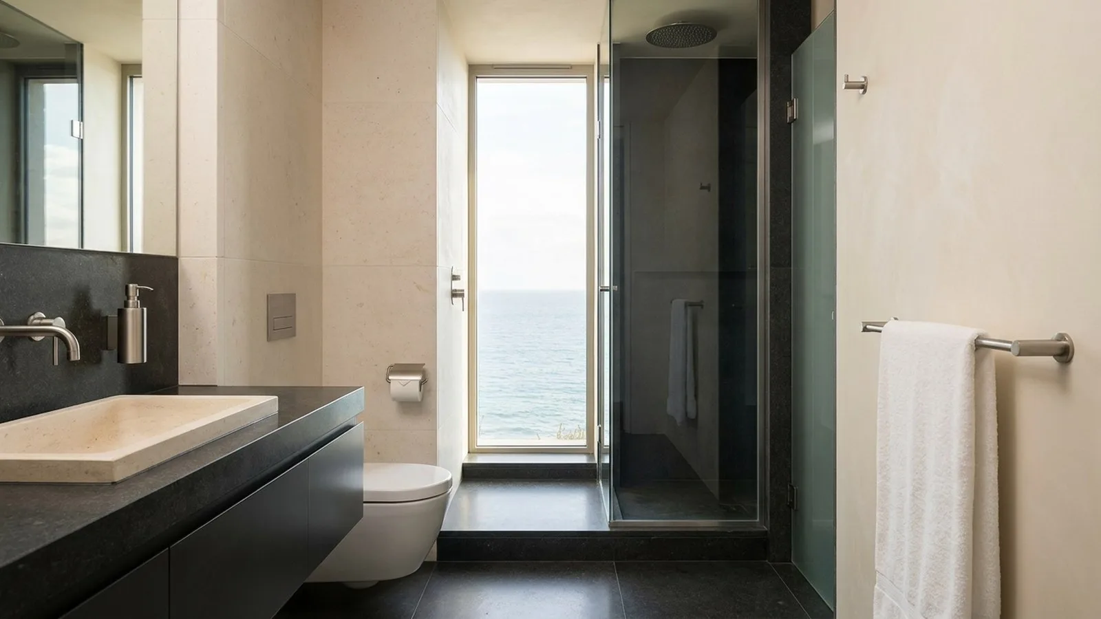Coastal bathroom with a brushed stainless steel towel rail, basin soap dispenser and toilet-roll holder beside a sea view