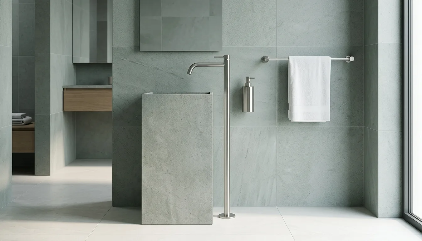 Brushed stainless steel mixer, soap dispenser and towel rail surround a stone pedestal basin in a tiled bathroom.
