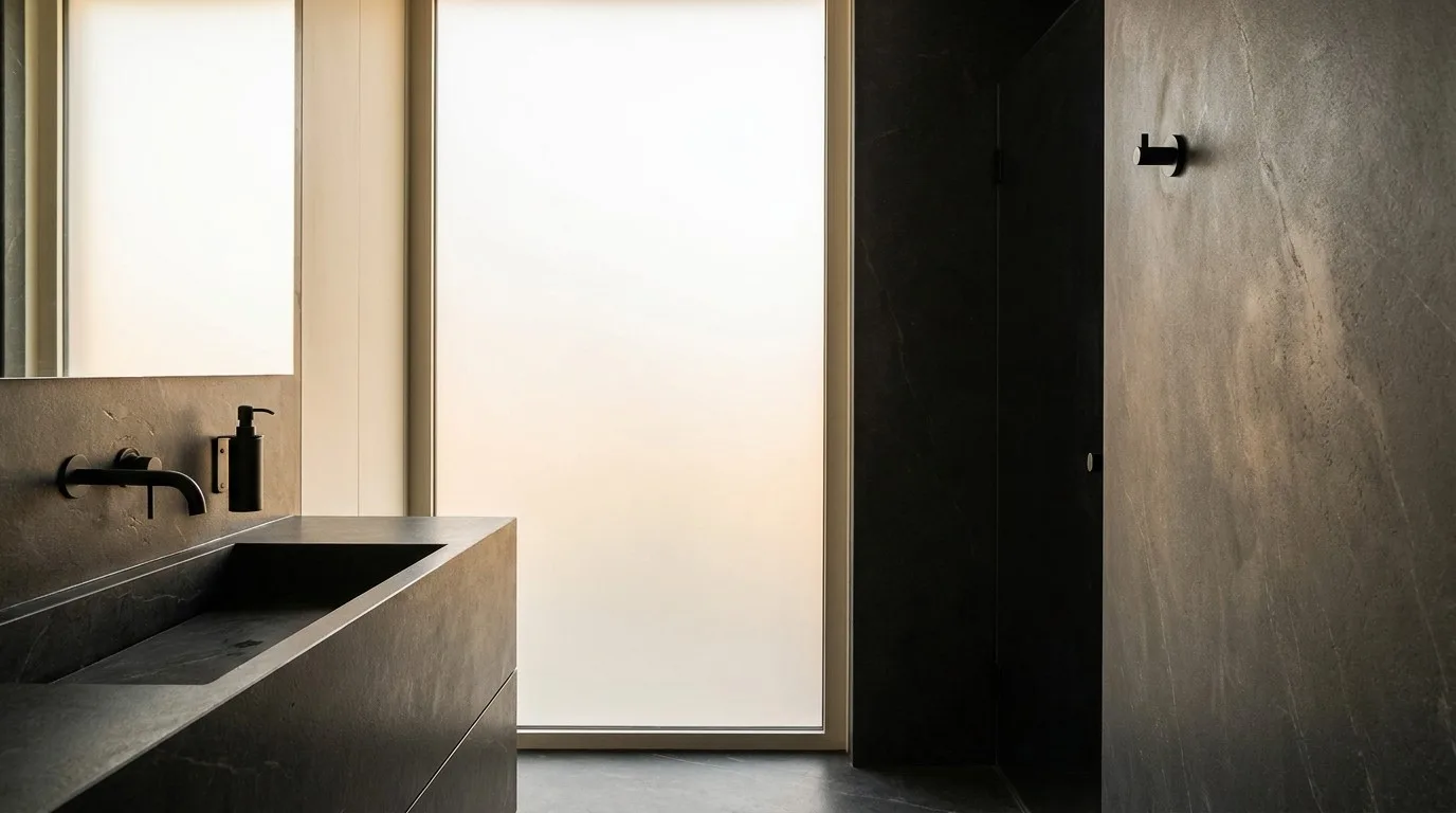 Black PVD stainless steel bathroom accessories in a warm contemporary hotel bathroom