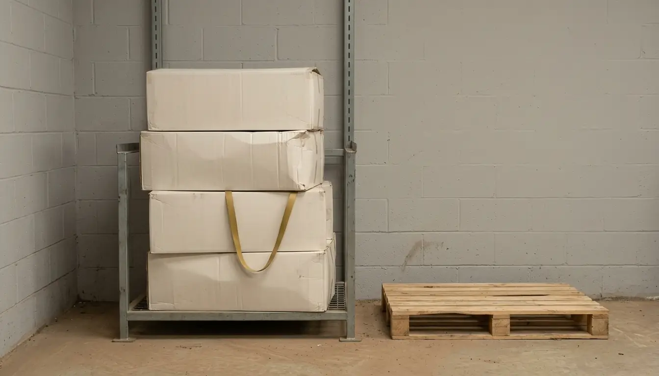 Four blank ivory cartons stacked on a grey steel frame beside an empty timber pallet in a plain block-walled storeroom