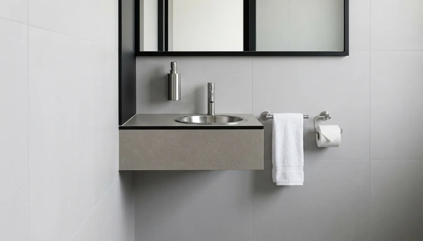 Minimalist hotel washroom with a wall-mounted vanity, stainless-steel basin and tap, framed mirror, metal soap dispenser, white hand towel, and toilet-roll holder.