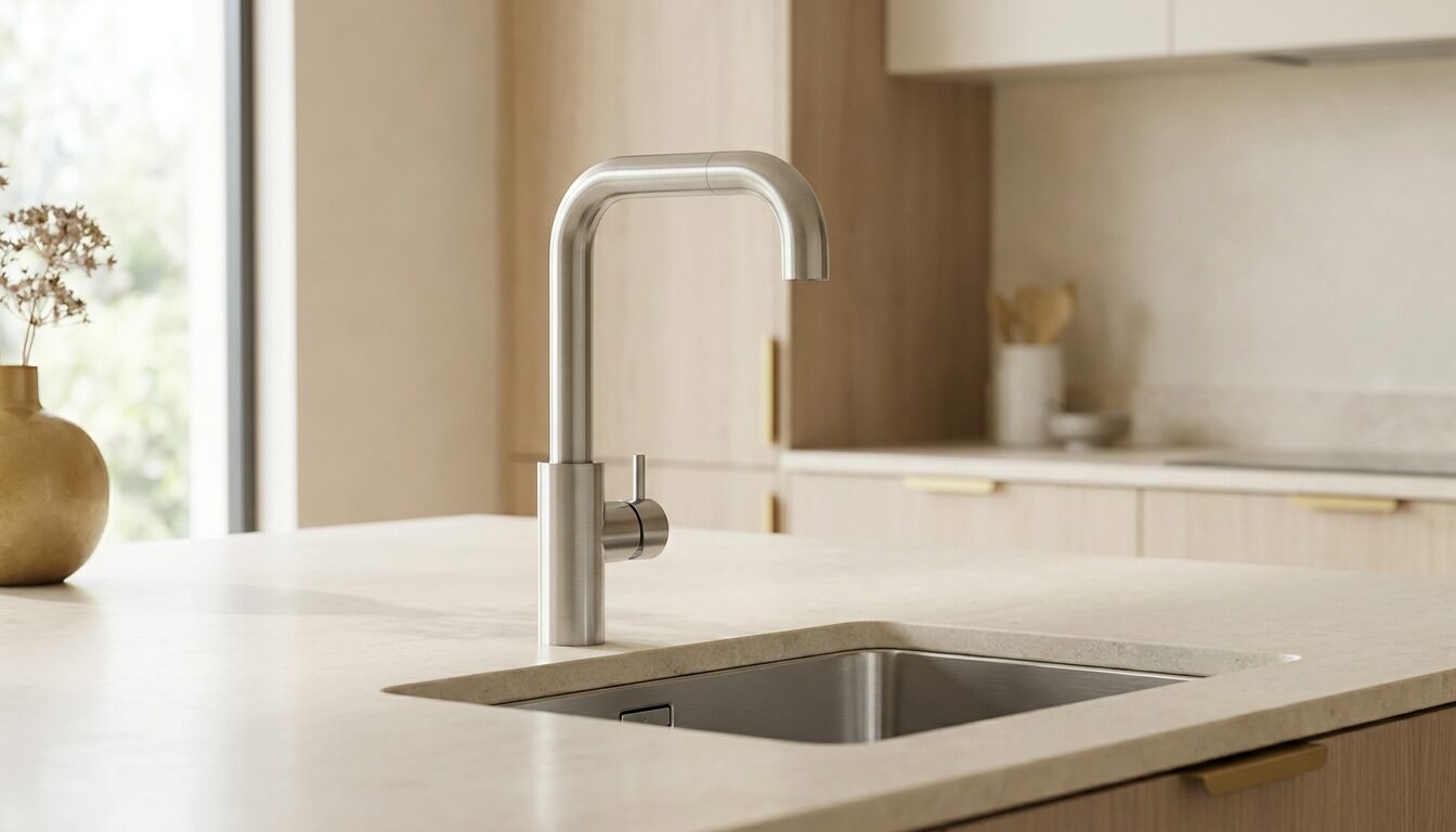 A brushed stainless-steel single-lever kitchen mixer stands over a rectangular undermount stainless-steel sink in a pale stone worktop within a light timber kitchen.