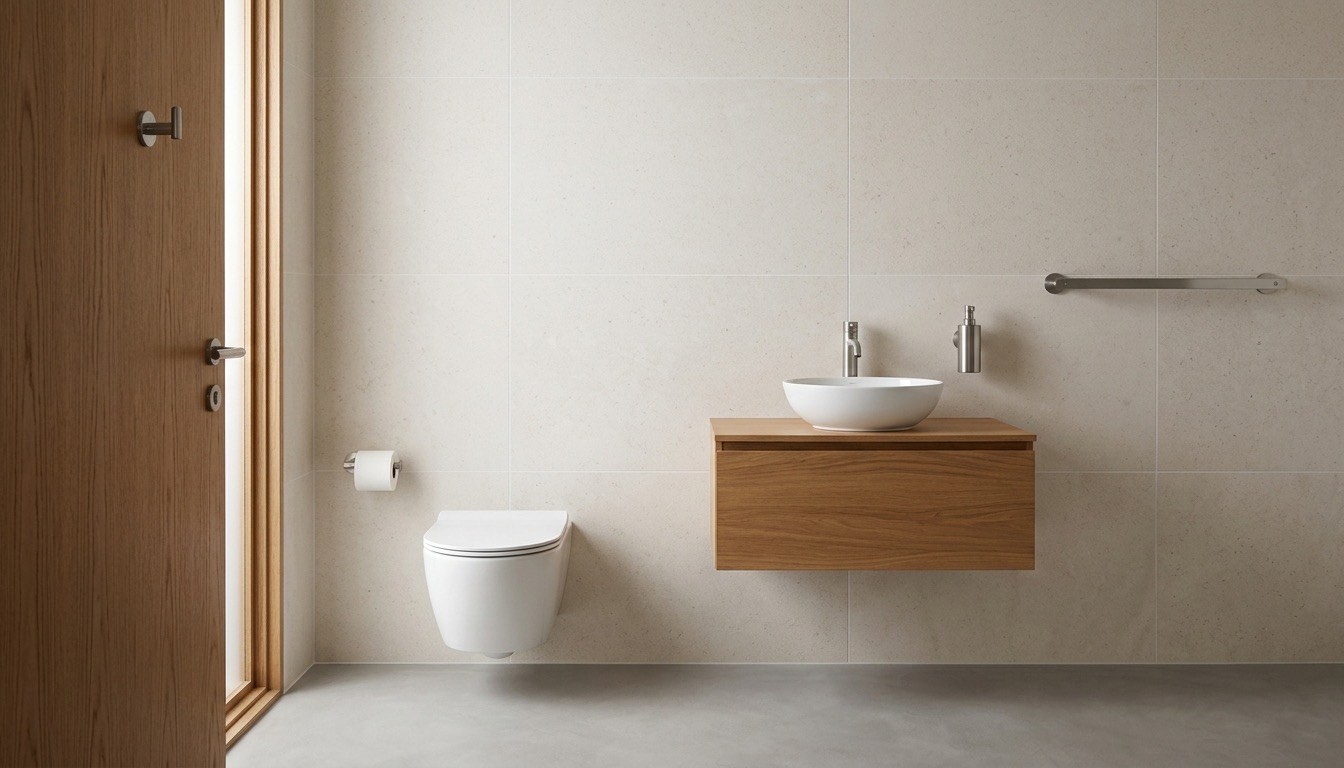 Modern washroom with basin, toilet, towel rail, soap dispenser, robe hook and toilet roll holder.