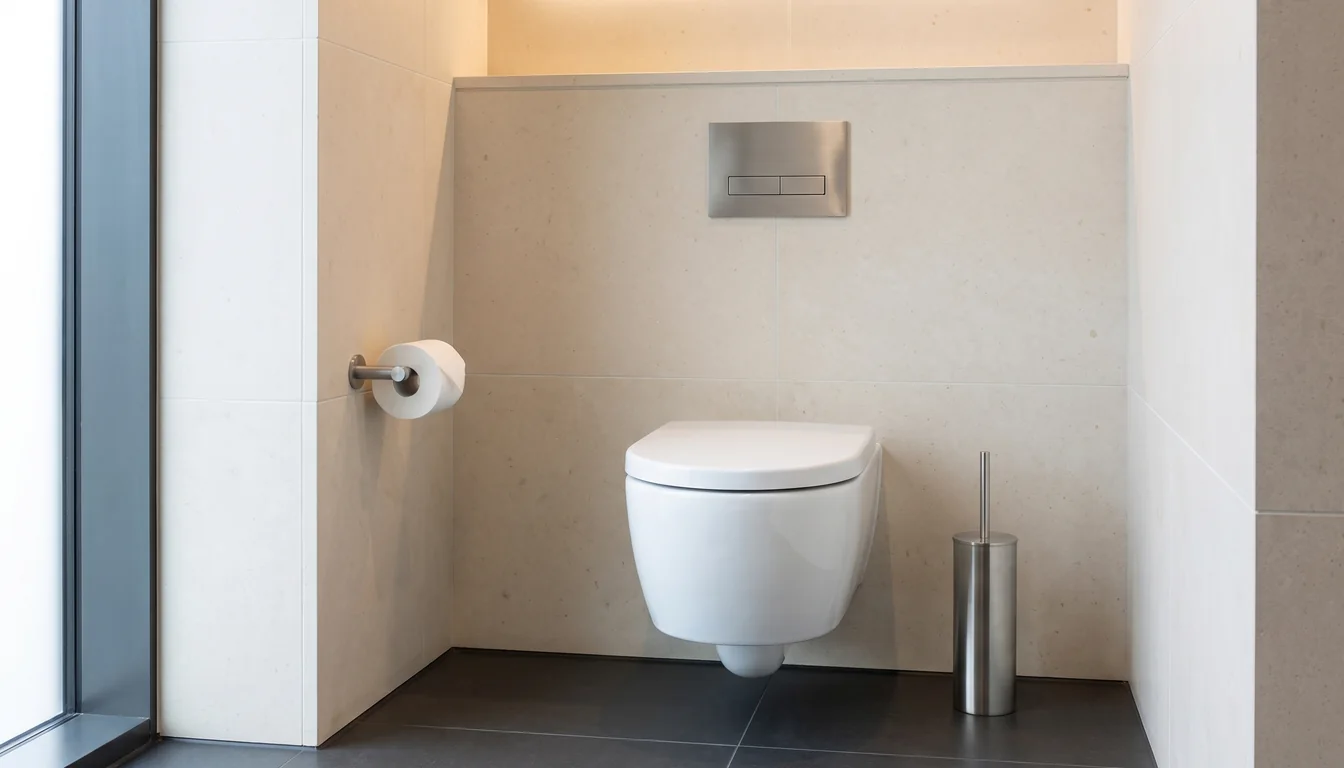Office washroom with a stainless WC plate, horizontal single-roll holder and toilet brush holder