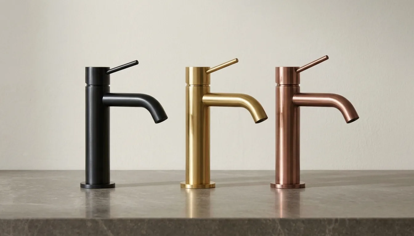 Three single-lever basin mixers in matte black, gold, and copper stand in a row on a grey-brown stone countertop against a plain ivory plaster wall.