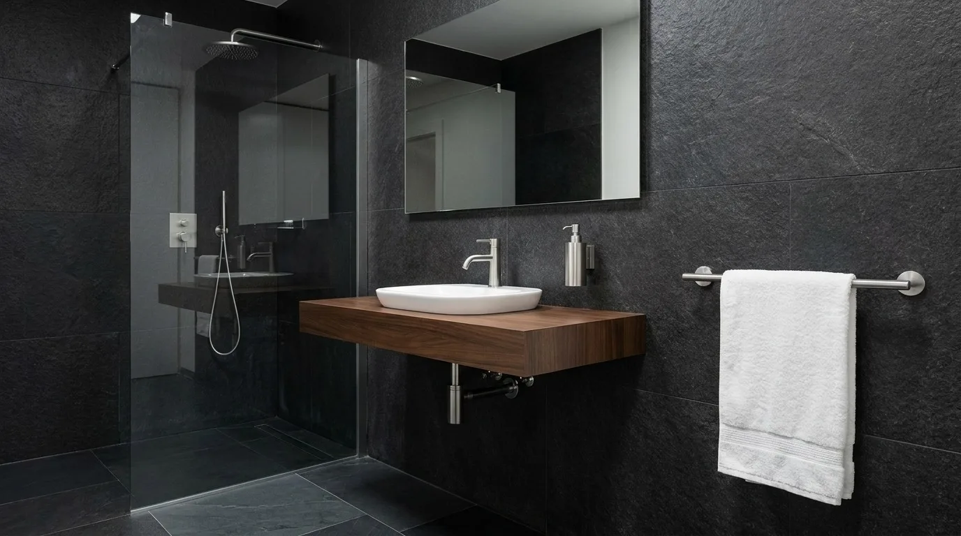Luxury bathroom with a brushed stainless steel towel rail and soap dispenser beside a polished chrome toilet roll holder